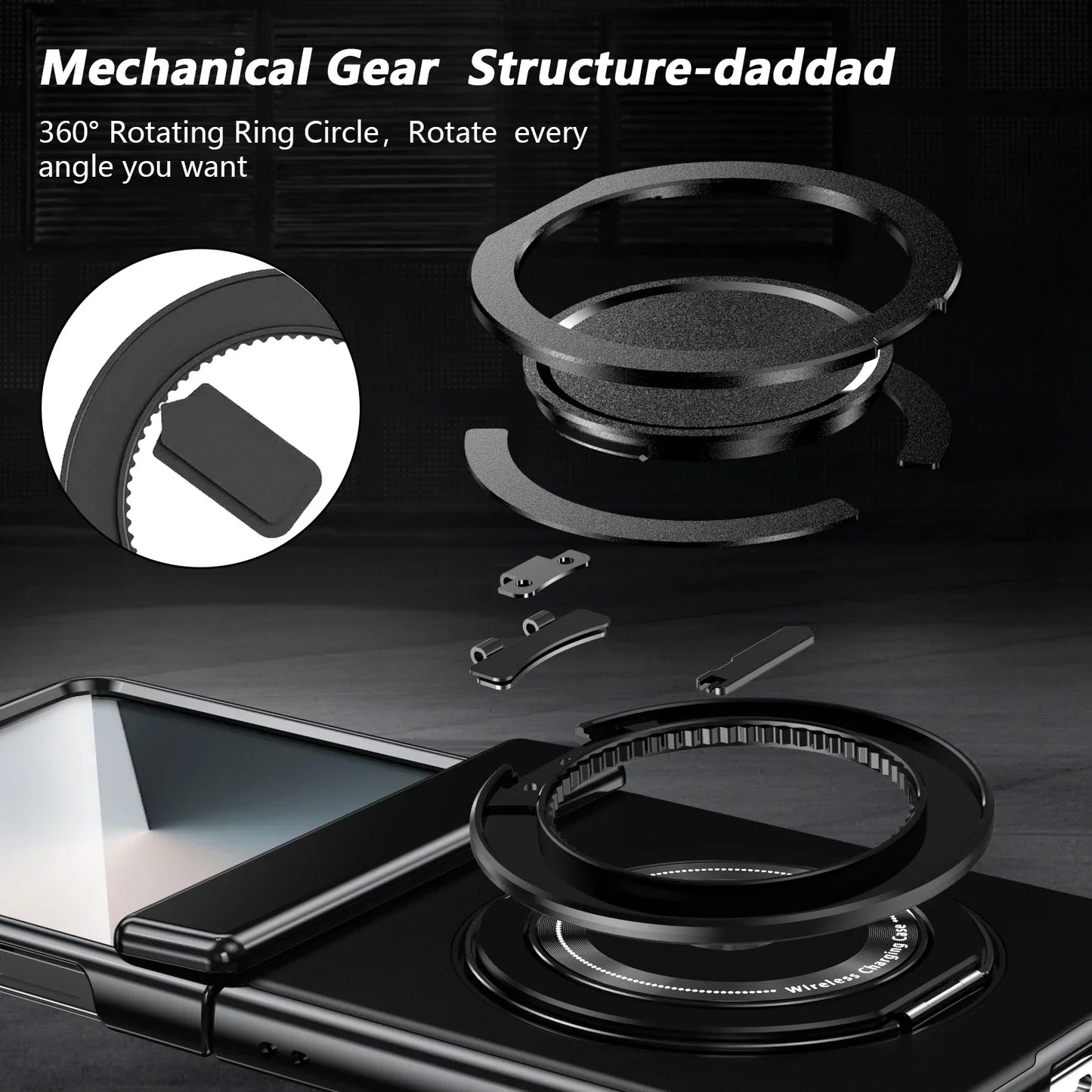 360° Rotating Ring Holder Magnetic Hinge Protection Case for Samsung Galaxy Z Flip 7 with Tempered Glass Film Cover