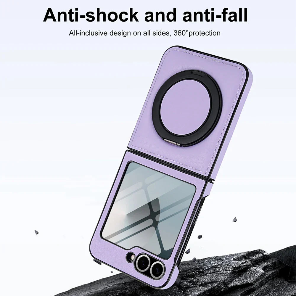 Z Flip 7 Leather Ring Case with Kickstand, Magnetic MagSafe, Tempered Glass Protector, Wireless Charging Compatible