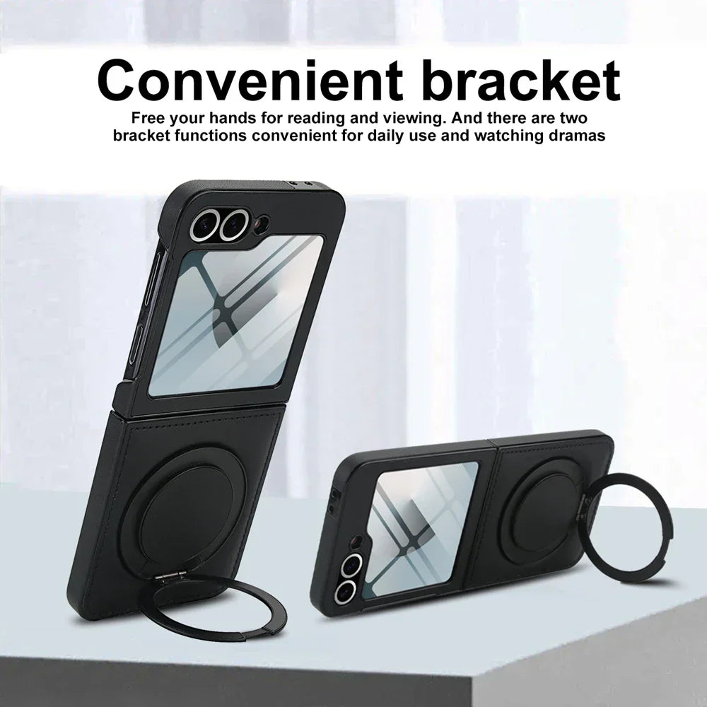 Z Flip 7 Leather Ring Case with Kickstand, Magnetic MagSafe, Tempered Glass Protector, Wireless Charging Compatible